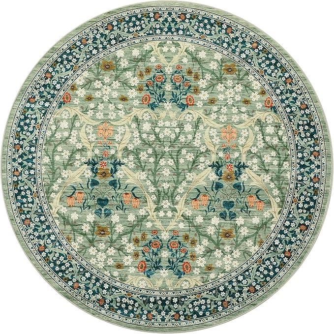 GarveeHome Sage Green Floral 6 ft Round Rug Washable Non-Slip Soft Low Pile Circle Carpet Vintage Rugs for Kitchen Bedroom Nursery Dining Living Room