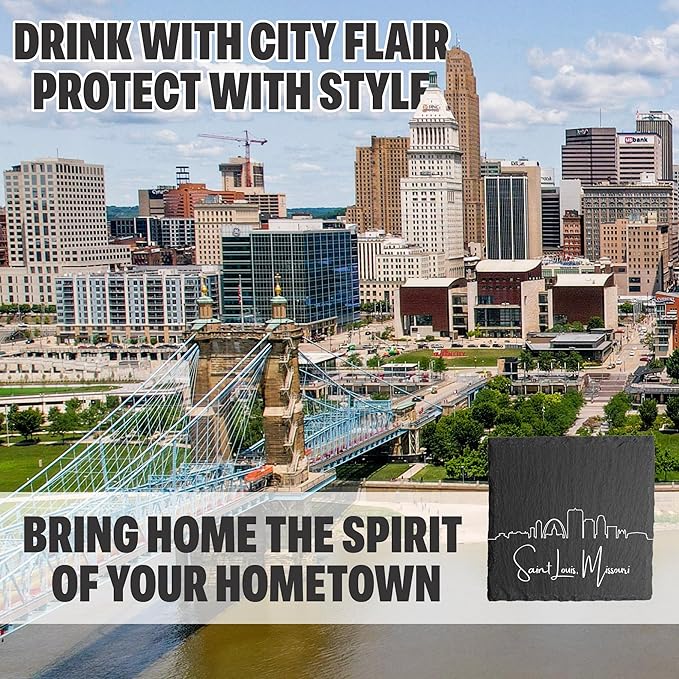 Blue Ridge Mountain Gifts -Saint Louis MO Skyline Coasters, Set of 4 - Saint Louis Missouri Souvenir, Slate Coasters with Minimalist Skyline, Housewarming Gift for Friends, Family, & Neighbors