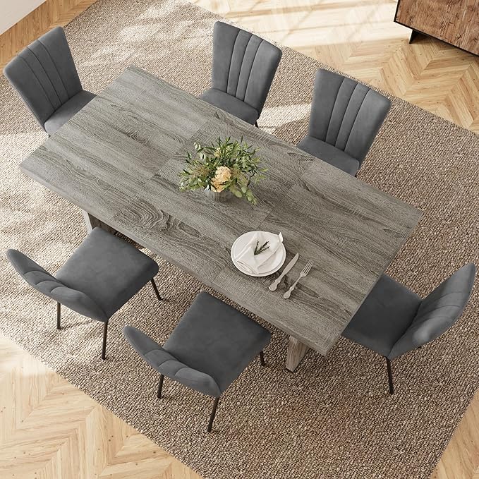 7-Piece Dining Table Set for 6 People, 70.8" MDF Kitchen Table with 6 Velvet Chairs, Space-Saving for Dining Room, Breakfast Nook(Grey Table+6 Grey Chairs)