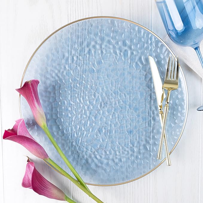 PARTY BARGAINS 13-Inch Charger Plates - 96 Pack, Hammered Blue Gold Rim, Heavy-Duty Disposable Chargers for Elegant Dining - Ideal for Weddings and Formal Events