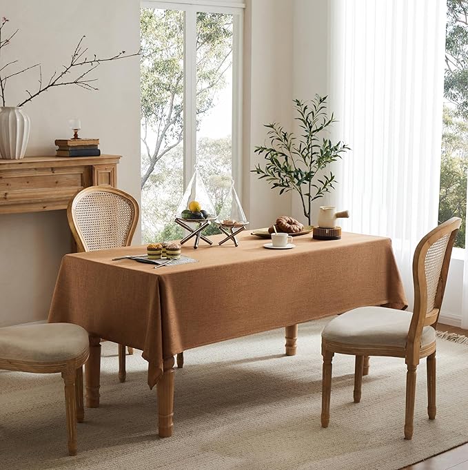 Linen Tablecloth for Rectangle Table, 60x84 Inch Caramel, Farmhouse Style Brown Tablecloth, Water Resistant Burlap Tablecloths for Dining Table Farmhouse Kitchen