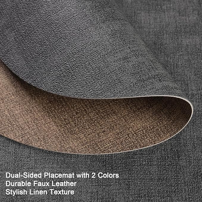 Myir JUN Round Placemats Dual Sided, Faux Leather Place Mats Set of 4 Indoor Placemats for Dining Table Outdoor Placemats Non-Slip Washable Table Mats (Set of 8, Gray Brown)