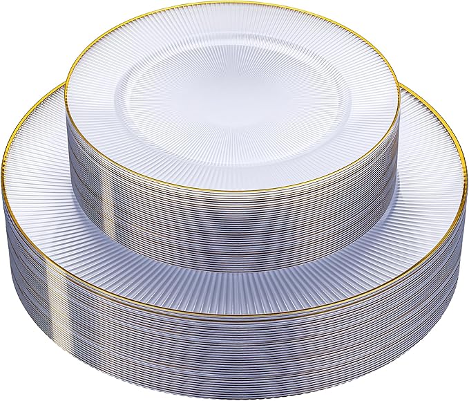 Hioasis 60pcs Clear Gold Plastic Plates - Gold Disposable Dinnerware Set, 30pcs Dinner 10.25in & 30pcs dessert 7.5in plates with striped designs for party & wedding