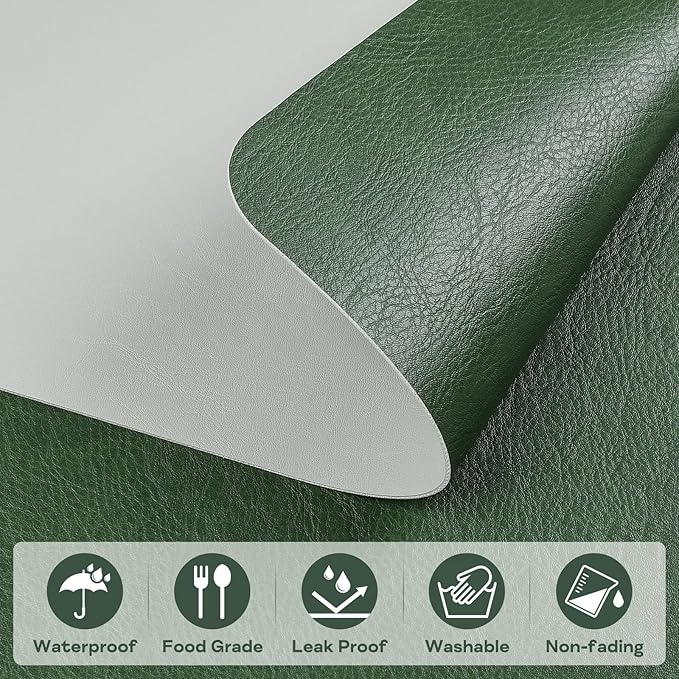 AAPLKER Faux Leather Placemats Set of 6, Vinyl Placemats Wipeable Waterproof Oil-Proof Table Mats, Heat Resistant Place Mats for Kitchen Indoor Outdoor, 16.9 x 11.8 inches (Green/Grey)