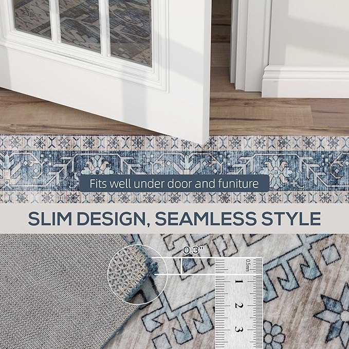HOMCOM Washable Area Rug, 5'x7' Vintage Indoor Distressed Carpet, Retro Floor Cover Foldable, Floral Print Mat for Living Room, Bedroom, Dining Room, Blue