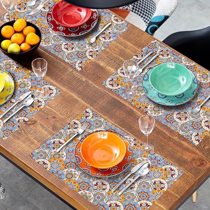 Boho Floral Placemats for Table - Bohemian Flowers Place Mats Set of 4 Beige Blue Place Mat 12x18 for Party Kitchen Dining Home