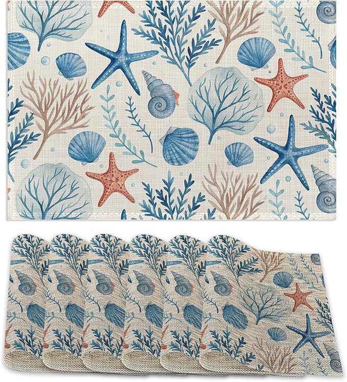Placemats12x18 Inch,Beach Seashell Placemats,Coral Starfish Kitchen Dining Coffee Table Mats Set of 6 for Home Indoor Outdoor Party