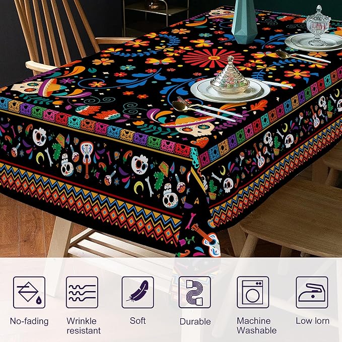 Mexican Tablecloth Rectangle 60 x 104 Inch, Cinco De Mayo Flower Skull Table Cloth Fiesta Indoor Decorations for Dining Room Party
