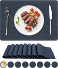 Vinyl Placemats Set of 8, Faux Leather Waterproof and Heat Resistant Place Mats, Washable Anti-Slip Table Mats with Coaster, Wipeable Placemats for Indoor & Outdoor 17" x 12" (Navy Blue, Set of 8)