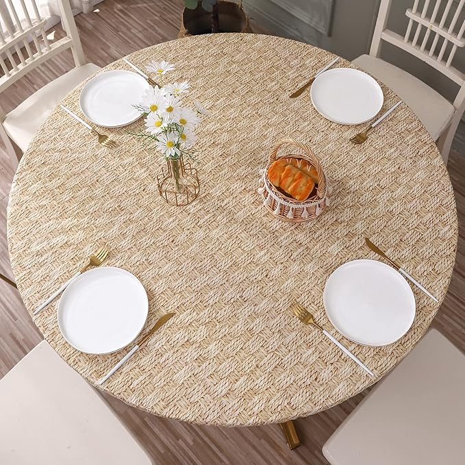 Walrus Round Vinyl Fitted Tablecloth with Flannel Backing Elastic Edge Design Table Cover Waterproof Oil-Proof PVC Table Cloth Stain-Resistant Best for 57"-66" Round