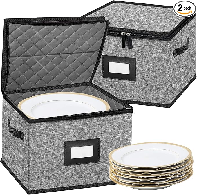 China Storage Containers-Quilted Dish Storage Containers with Lid Hard Shell for Moving Transport, Dinnerware Storage,Stackable Plate Storage,24 Felt Plate Dividers Included,2PACK 12*12*8in