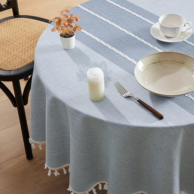 ZeeMart Contrast Linen Round Tablecloth 52 Inch Blue, Farmhouse Style Round Table Cloth Heavy Weight Dusty Blue Tablecloths, Water Resistant Burlap Table Cloths