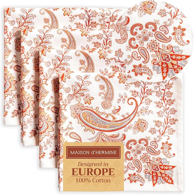 Maison d' Hermine Cloth Napkins Set of 4 100% Cotton for Thanksgiving Christmas Decorations Everyday Reusable Square Fall Napkins Cloth Washable Dinner Party (Cachemire, 20"x20")