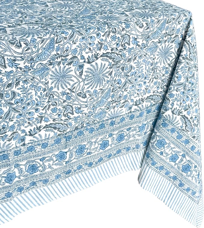 ATOSII Butterfly Blue 100% Cotton Rectangle Summer Tablecloth, Handblock Floral Print Linen Table Cloth for Kitchen Dining I Parties, Weddings, Outdoors, Decor 60 X 108 Inches, 8 Seater