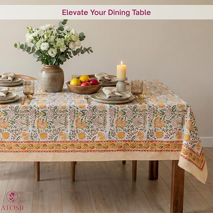 ATOSII Clover Yellow 100% Cotton Rectangle Fall Tablecloth, Handblock Floral Print Linen Table Cloth for Kitchen Dining I Parties, Weddings, Outdoors, Christmas, Thanksgiving Decor 60 X 90 Inches