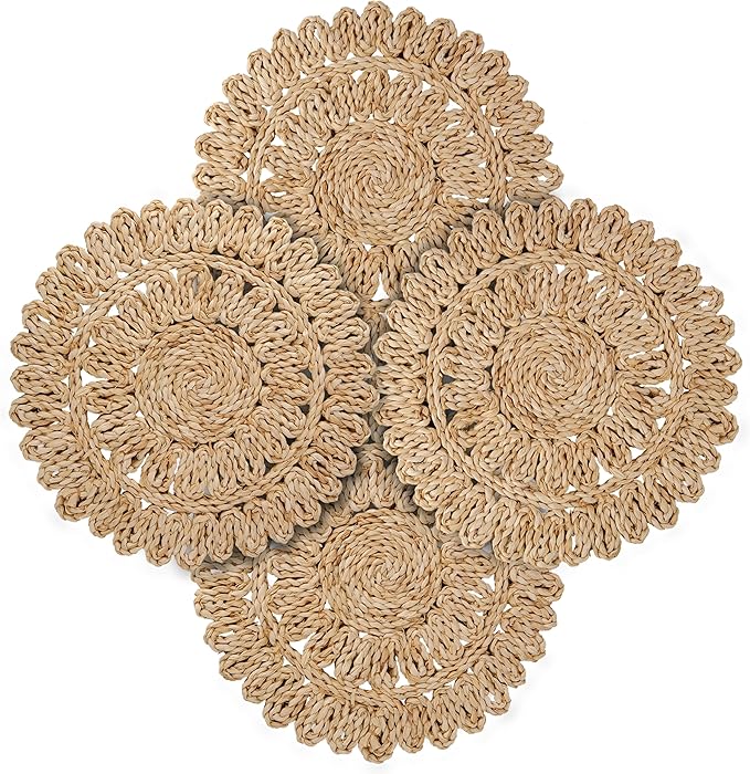 15" Corn Husk Woven Round Placemats Set of 4 - Wicker Boho Farmhouse Placemats - Rattan Table Mats Like Water Hyacinth for Dining Table, Wedding, Home, Christmas, Party