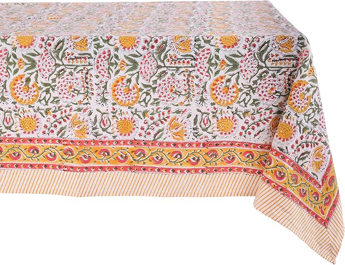 ATOSII Clover Yellow 100% Cotton Rectangle Fall Tablecloth, Handblock Floral Print Linen Table Cloth for Kitchen Dining I Parties, Weddings, Outdoors, Christmas, Thanksgiving Decor 60 X 90 Inches