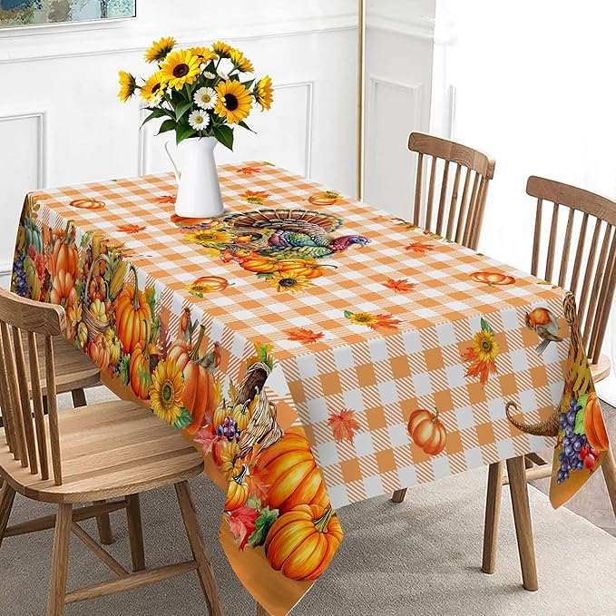 Thanksgiving Tablecloth Rectangle 60 x 120 Inch, Turkey Pumpkins Table Cloth Holiday Indoor Decor for Dining Room Party