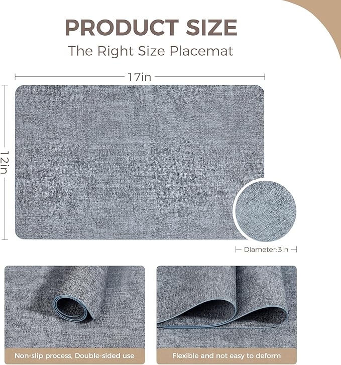 Vinyl Placemats Set of 6, Faux Leather Waterproof and Heat Resistant Place Mats, Washable Anti-Slip Table Mats with Coaster, Wipeable Placemats for Indoor & Outdoor 17" x 12" (Light Blue, Set of 6)