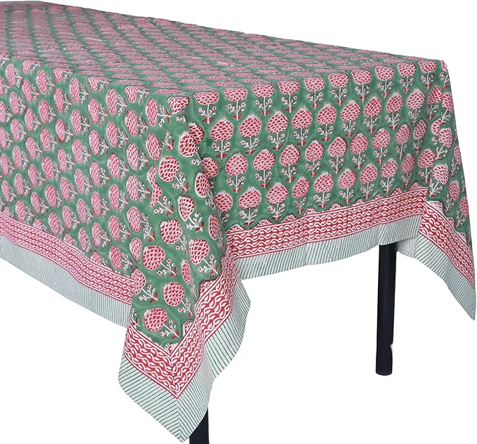 ATOSII Roma Green 100% Cotton Square Summer Tablecloth, Block Print Floral Table Cloth for Dining, Parties Wedding Outdoors I Grand Millenial Decor 60 X 60 Inches I 4 Seater I