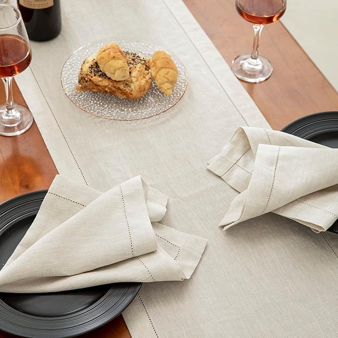 EVERLY Pure Linen Hemstitch Tablecloth,100% Stonewashed French Linen tablecloths for Kitchen Dining Rectangle Tables,60x84Inch Machine Washable Christmas Thanksgiving Organic Tablecloth-Natural Linen