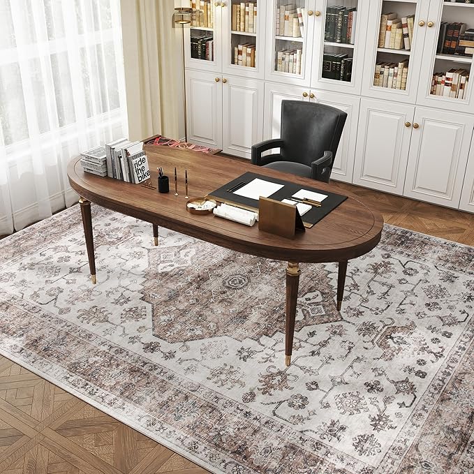 HOMCOM Washable Area Rug, 8'x10' Vintage Indoor Distressed Carpet, Retro Floor Cover Foldable, Floral Print Mat for Living Room, Bedroom, Dining Room, Tan