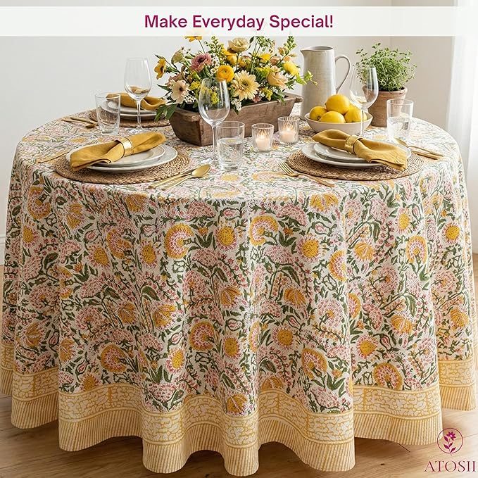 ATOSII Clover Yellow 100% Cotton Round Tablecloth, Handblock Print Floral Table Cloth for Kitchen Dining Linen I Parties, Weddings, Outdoors, Christmas, Thanksgiving I Fall Home Decor 72" Inches Round