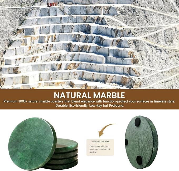 Natural Marble Coasters, Round Costers, Luxury Aesthetic Modern Decor for Coffee Table Bar Kitchen Home, Green Marble, Real Natural Semi Absorbent Stone Coasters