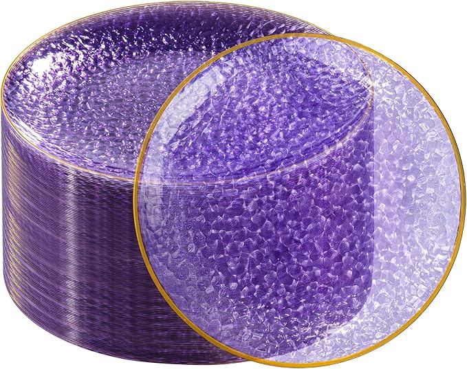 DaYammi 100 Pcs Purple Gold Plastic Plates - 10 inch Clear Purple Gold Dinner Plates - Hammer Pattern Design - Fancy Disposable Plate - Heavy Duty Party Plate Ideal for Wedding