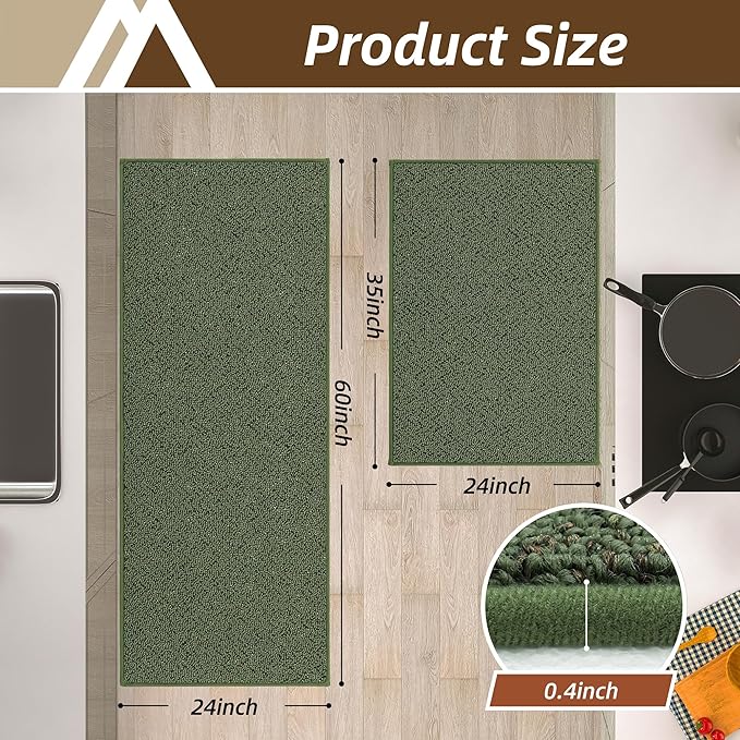 COSY HOMEER Kitchen Rugs Non Slip Washable 24"x36"+24"x60" Absorbent Kitchen Mats for Floor Stain Resistant Kitchen Runner Rug Sets of 2 Kitchen Floor Mats for Sink,Green