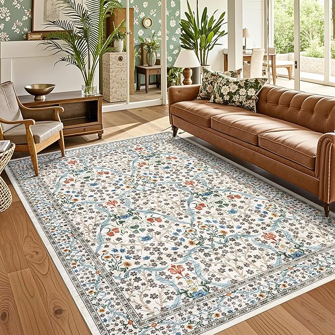 GarveeHome 8x10 Area Rugs, Washable Rugs for Living Room Non Slip Stain Resistant Ultra Soft Floral Rug, Boho Carpet Floor Mat for Bedroom Dining Room Nursery Playroom Office, Beige