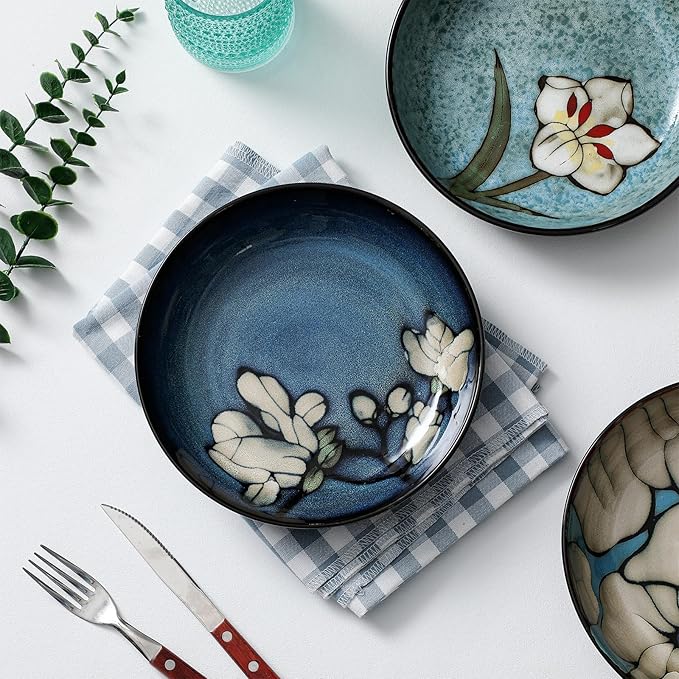 Maxdot Ceramic Dinner Plates Set of 6, 8.5 Inch Underglaze Painting Salad Plates, Glazing Process Floral Ceramic Gift Dishes for Steak Salad Pasta Appetizer, Microwave, Oven and Dishwasher Safe