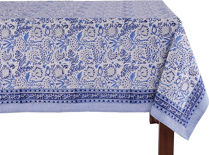 ATOSII Indigo Bloom 100% Cotton Tablecloth, Block Print Rectangle Table Cover for Dining, Parties, Weddings, Outdoors, Holidays, 60 X 90 Inches I 6 Seater I Grandmillennial Preppy Boho Farmhouse