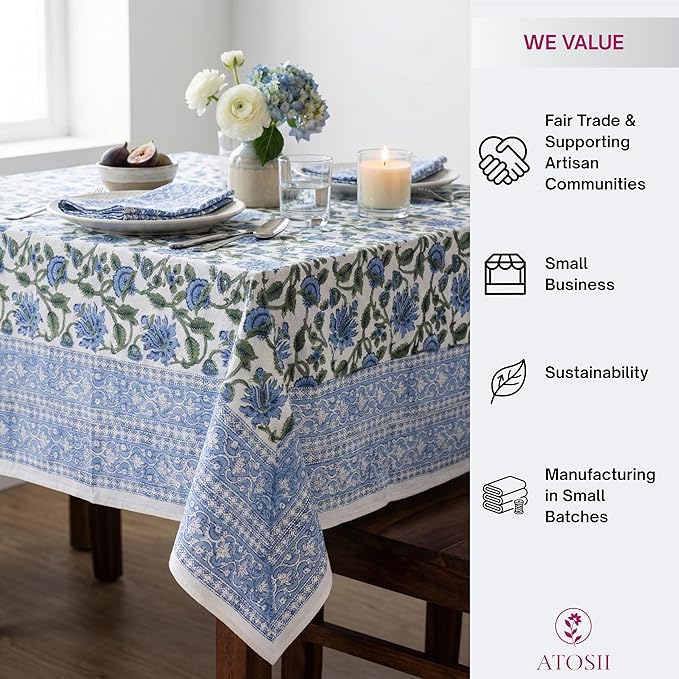 ATOSII Taj 100% Cotton Rectangle Fall Tablecloth, Handblock Floral Print Linen Table Cloth for Kitchen Dining I Parties, Outdoors, Christmas, Thanksgiving I 72 X 108 Inches I 8 Seater
