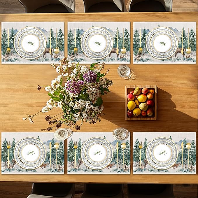 6 Pcs Placemats,Forest Mountain Placemats,Deer Trees Table Mats Washable Recyclable Table Placemat for Indoor Outdoor Heat Resistant Kitchen Dining 12"x18"
