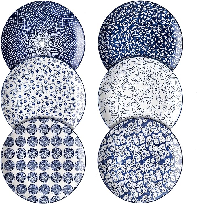 Selamica 10 inch Porcelain Dinner Plates, Large Size Ceramic Plates for Salad, Pancakes, Scratch Resistant, Microwave, Oven and Dishwasher Safe Plates Set of 6, Vintage Blue