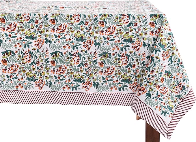ATOSII Ambrosia Green 100% Cotton Rectangle Fall Tablecloth, Handblock Floral Print Linen Table Cloth for Kitchen Dining I Parties, Outdoors, Christmas, Thanksgiving I 72 X 140 Inches I 12 Seater