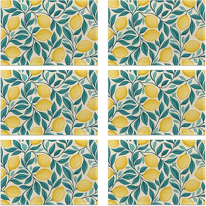 Placemats Set of 6 Lemon Leaf Place Mats Washable Kitchen Dining Linen Table Mats Stain Heat, for Home Party Indoor 12x18 in