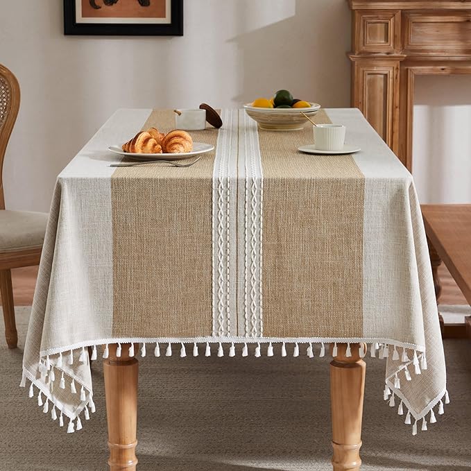 ZeeMart Contrast Linen Table Cloth Square Table Cloths 52x52 Inch Mid-Stripe Brown, Farmhouse Style Heavy Weight Beige Tablecloth, Water Resistant Burlap Tablecloths