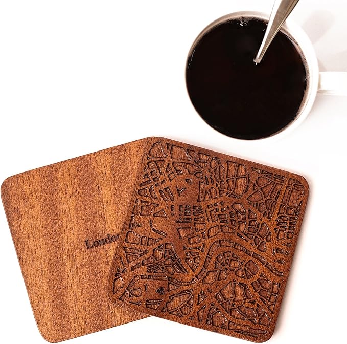 London Map Coaster by O3 Design Studio, Set Of 4, Sapele Wooden Coaster With City Map, Handmade
