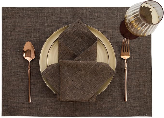 Solino Home Linen Cloth Napkins Set of 4-100% Pure Linen Chambray Brown Dinner Napkins 20 x 20 Inch for Winter - Athena, Handcrafted and Machine Washable