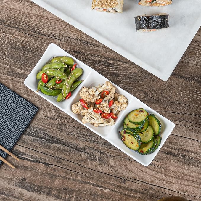 Restaurantware Voga 8.5 Ounce Divided Serving Dishes 10 Square Condiment Serving Dishes - 3 Compartments Serve Appetizers Snacks Dips Or Dressings White Melamine 3 Compartment Dishes