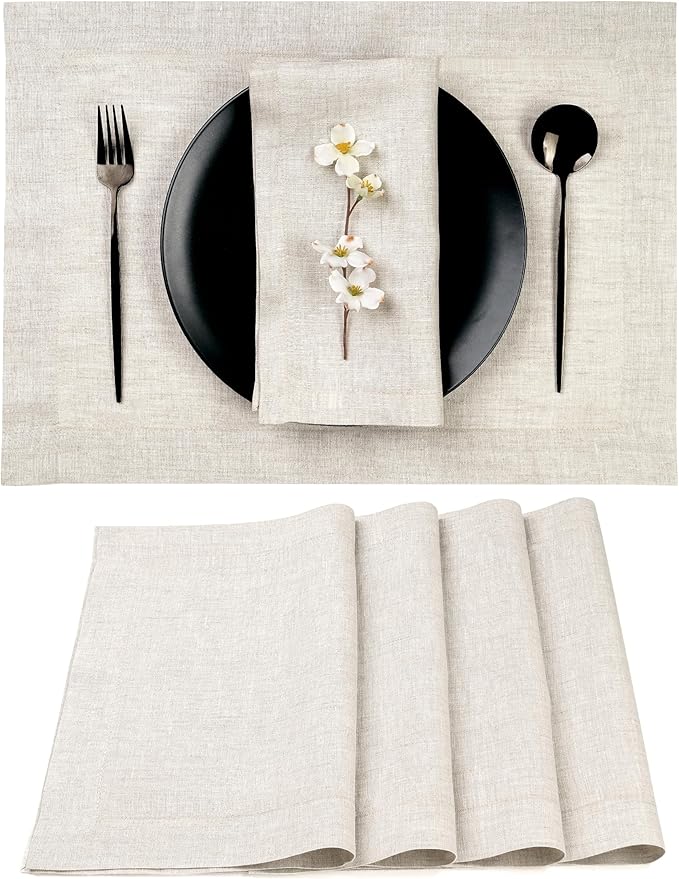 D'Moksha Homes Linen Placemats 14 x 19 Inch - Light Natural Placemats Set of 4-100% Pure Linen Table Place Mats for Valentines, Spring, Easter - Handcrafted and Machine Washable
