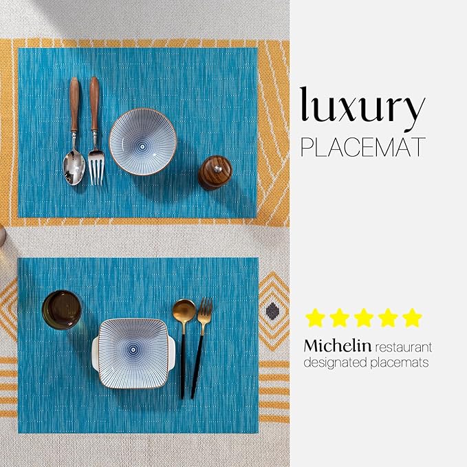 LEXMORE Placemats Set of 8 Vinyl/Plastic Woven Place Mats for Kitchen Table Indoor/Outdoor Washable Placemat Wipeable Dining Table Mats(Teal Blue)