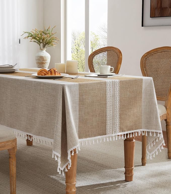ZeeMart Contrast Linen Table Cloth Square Table Cloths 60x60 Inch Mid-Stripe Brown, Farmhouse Style Heavy Weight Beige Tablecloth, Water Resistant Burlap Tablecloths