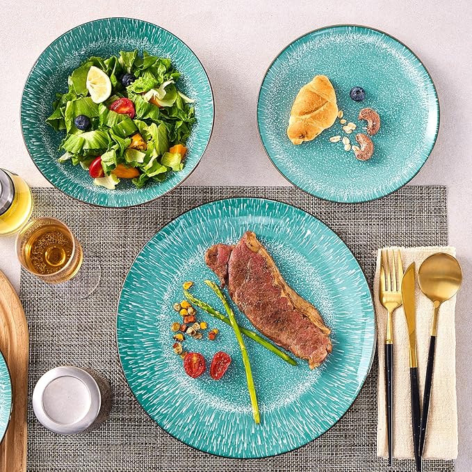 Bestone 12-Piece Round Porcelain Dinnerware Set, Service for 4, Chip Resistant Plates and Bowls,Green, Dishwasher & Microwave Safe for Home Daily Use