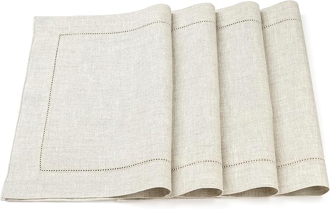 D'Moksha Homes Light Natural Linen Cloth Placemats Set of 4-100% Pure Linen Hemstitch Placemats 14 x 19 Inch - Classic Hemstitch Table Place Mats for Valentines, Easter - Machine Washable