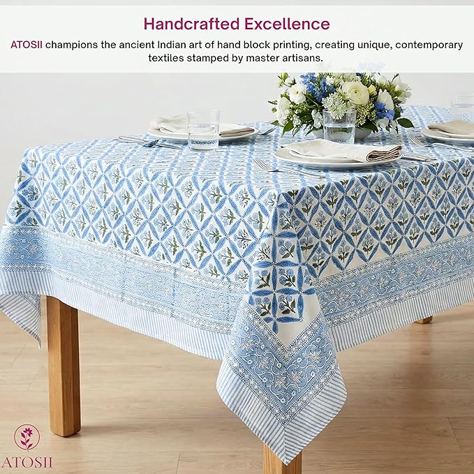ATOSII Netta Blue 100% Cotton Rectangle Boho Fall Tablecloth, Handblock Floral Table Cloth Linen for Kitchen Dining I Parties Wedding Outdoors Farmhouse Grandmillennial I 72 X 108 Inches I 8 Seater