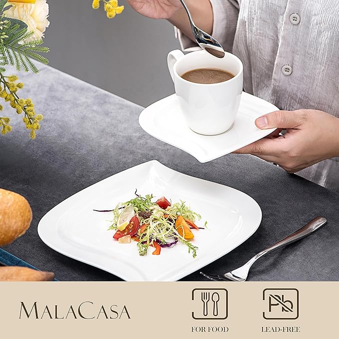 MALACASA Ivory White Dinnerware Set, 30-Piece Porcelain Dishes Dinnerware Sets, Dinner Set with Plates and Bowls, Cups and Saucers Set, Dishes Set Tableware, Dinnerware Set for 6, Series Elvira