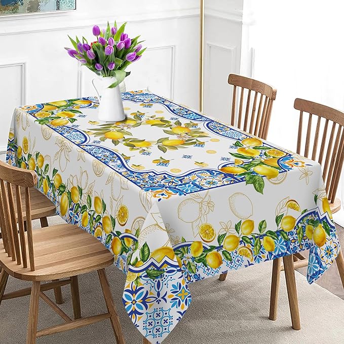 Lemon Tablecloth 60 x 104 Inch Rectangle, Yellow and Blue Mediterranean Summer Decor Tile Flower Pattern Table Cloth Italian Themed Decor for Party Oblong Table Cover for Dining Room